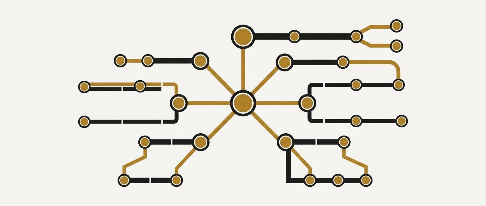 Vernetzte Handelsplätze und Marktsegmente als geometrisches Schaubild in Gold